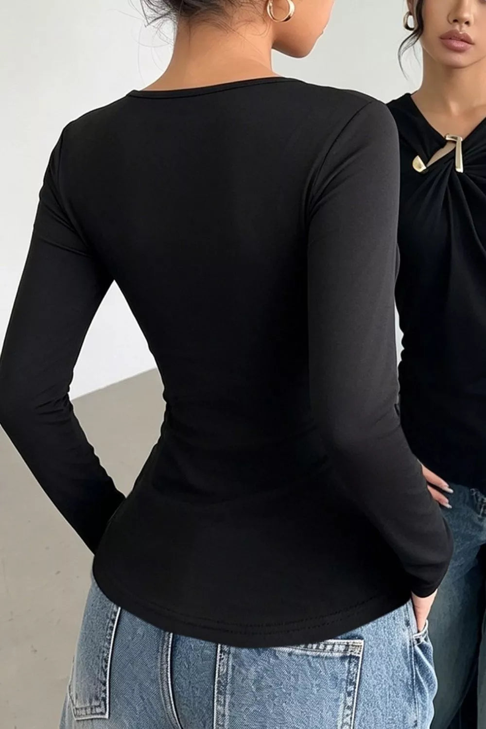 Slim Fit Long Sleeve Top - Black - View 7