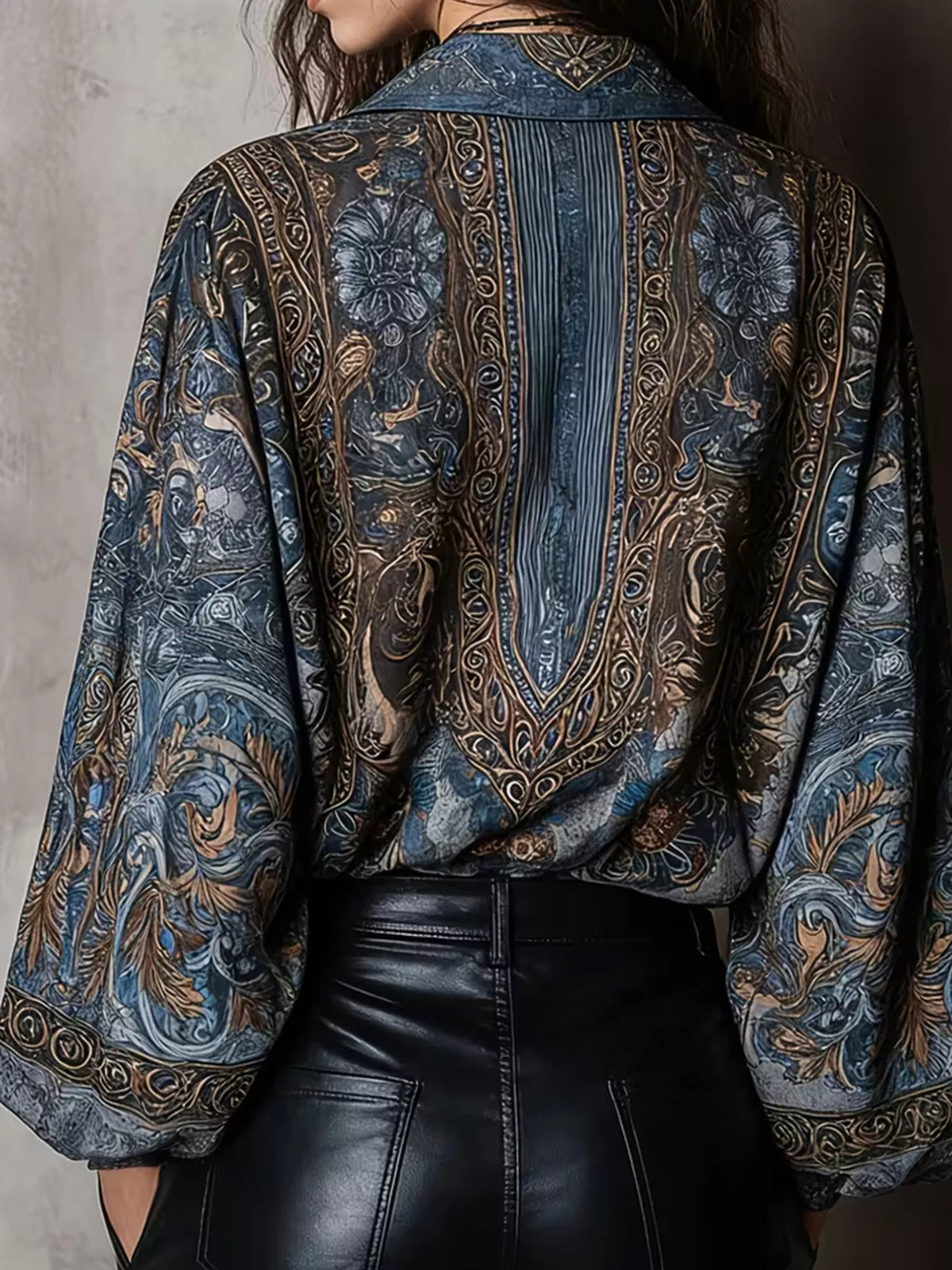 Full Size Vintage Print Long Sleeve Oversized Blouse Plus Size - Navy - View 4