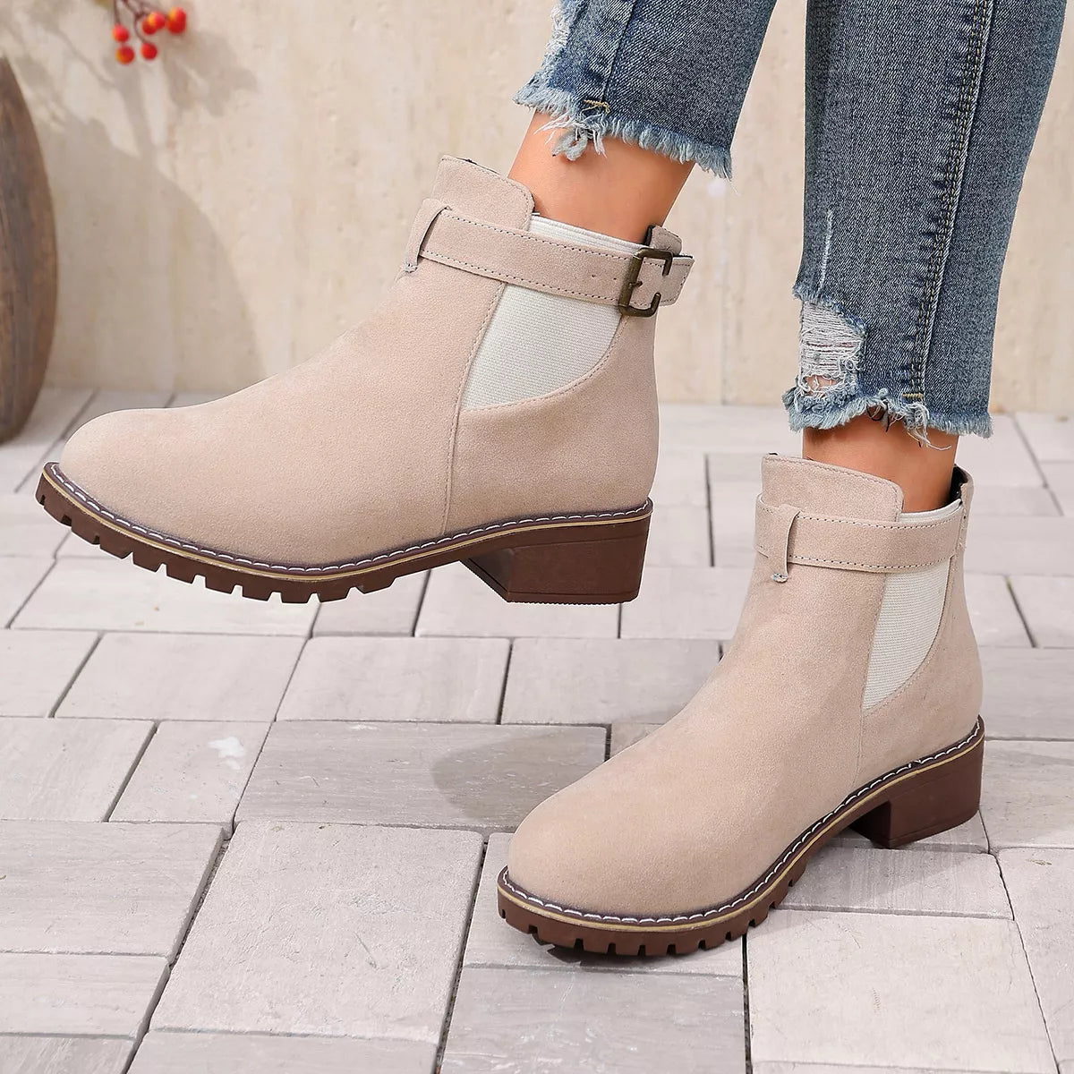 Round Toe Block Heels Boots - Beige - View 14