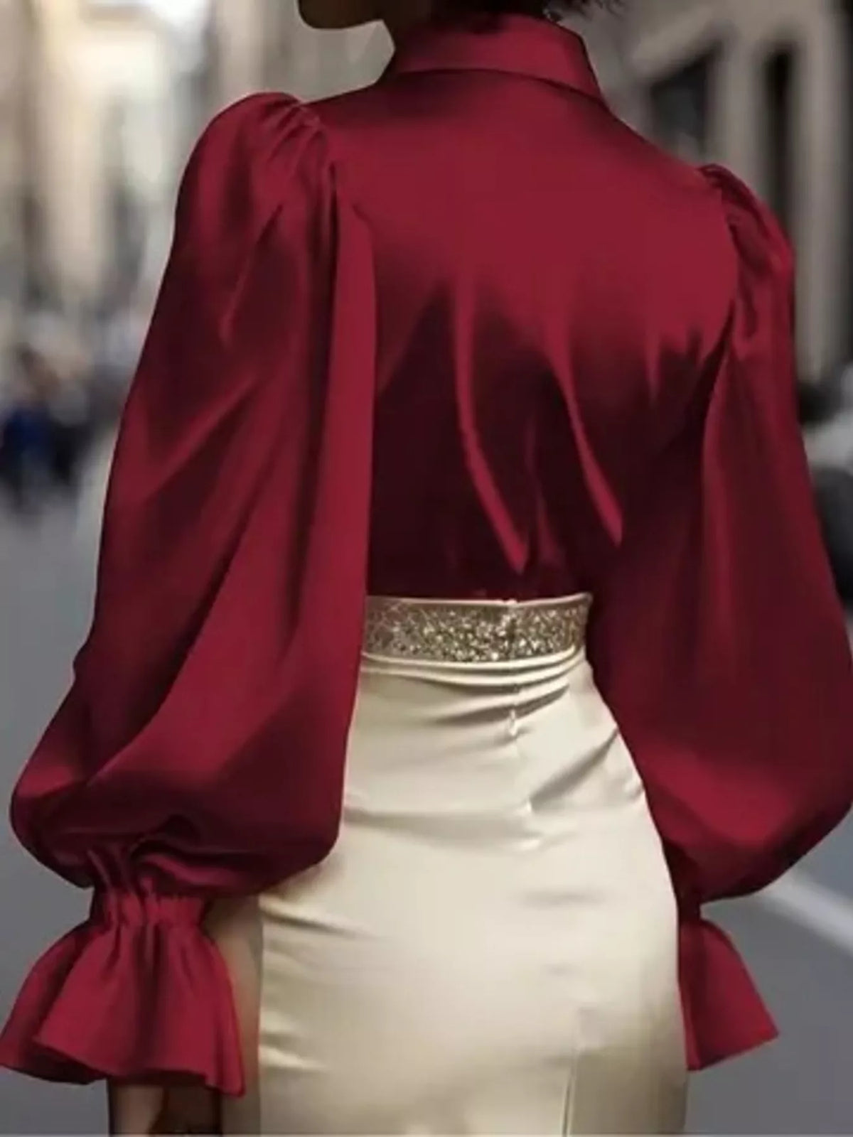 Satin Button Up Flounce Sleeve Shirt - Wine Red - View 10