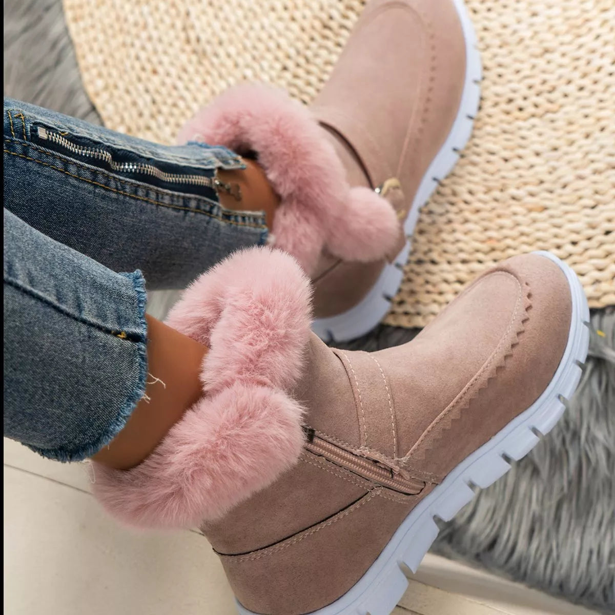 Fuzzy Trim Buckle Boots - Dusty Pink - View 3