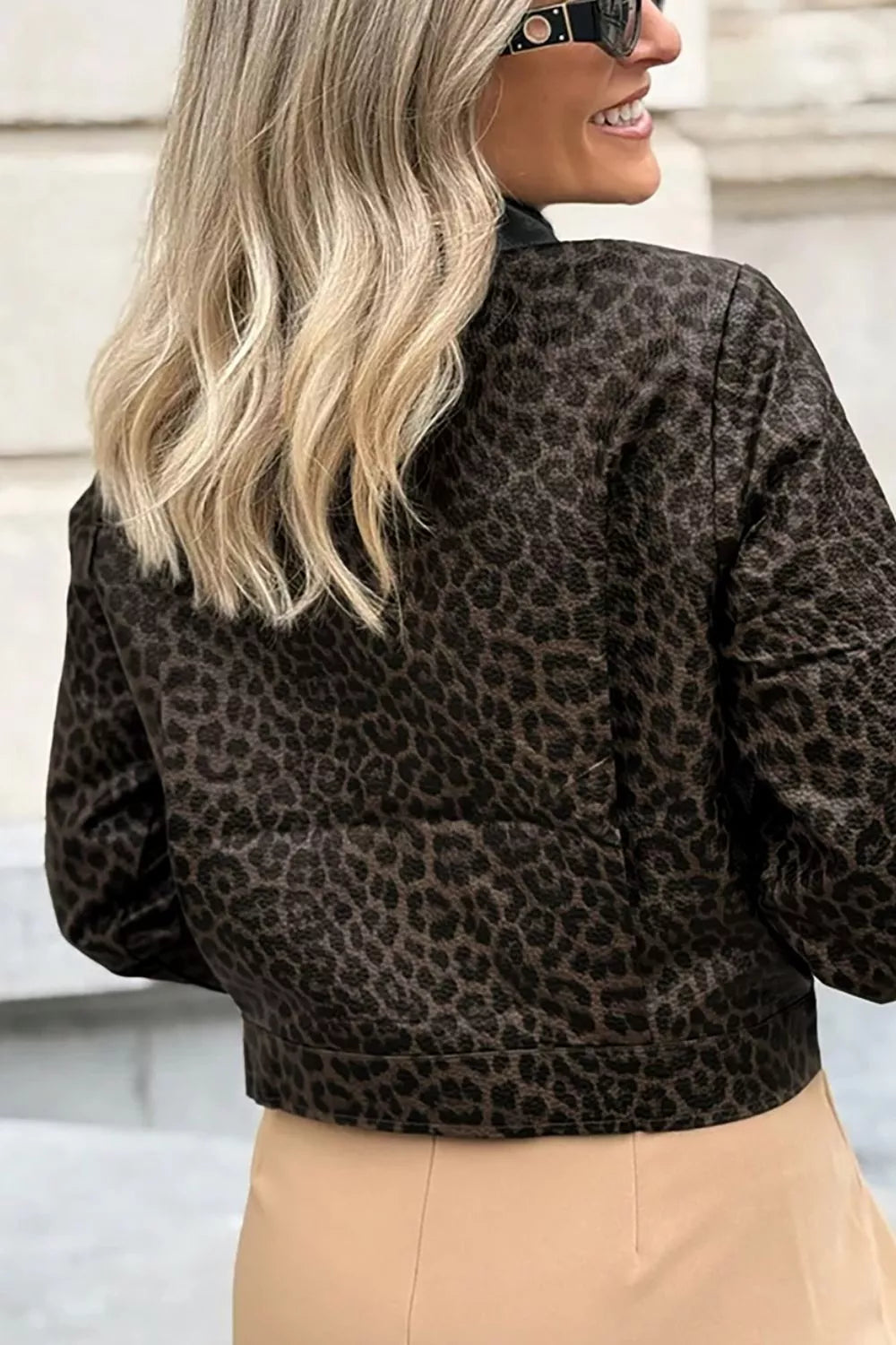 Leopard Print Cropped Faux Leather Jacket with Utility Pockets - Black - View 5