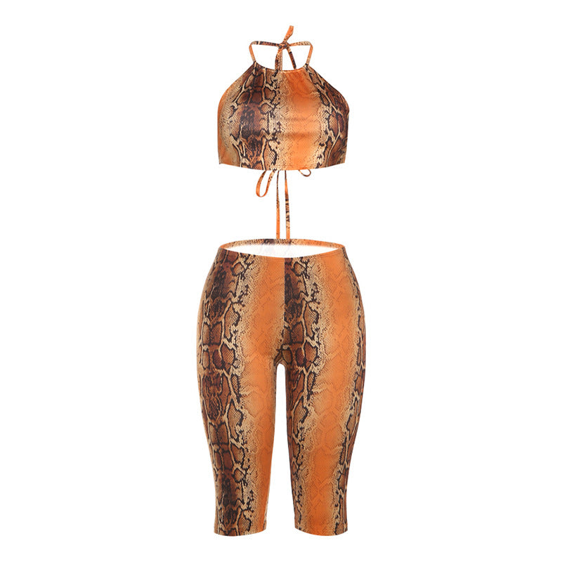 Digital Print Sexy Tie-up Strapless Crop Top & High-waisted Pants Set