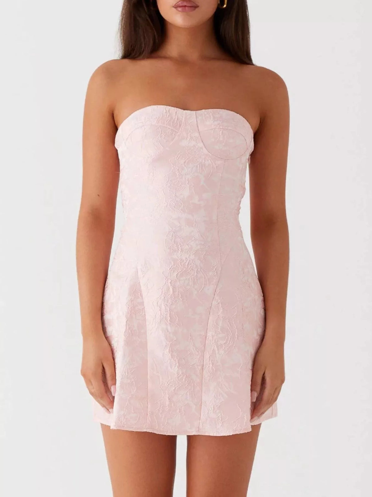 Lace Up Jacquard Tube Mini Dress - Pink - View 4