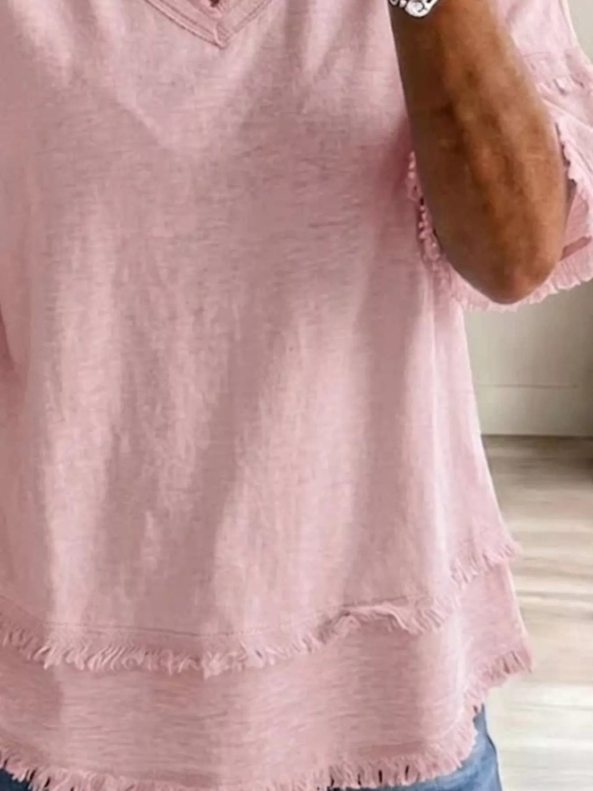 Full Size Frayed Edge V-Neck Blouse Plus Size - Pink - View 2
