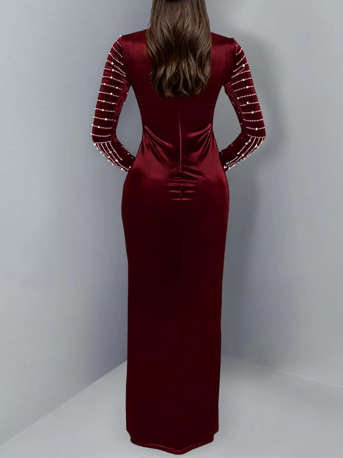 Rhinestone Embellished Mock Neck Long Sleeve Maxi Dress - Burgundy - View 2