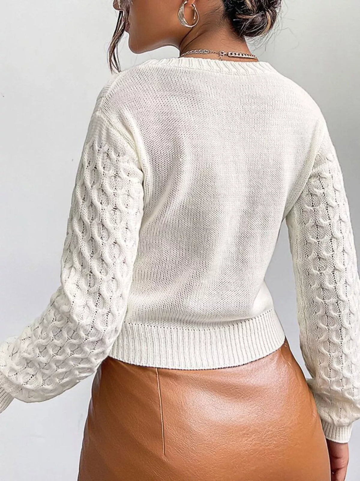 Cable Knit Button-Down Cardigan - Milky White - View 5