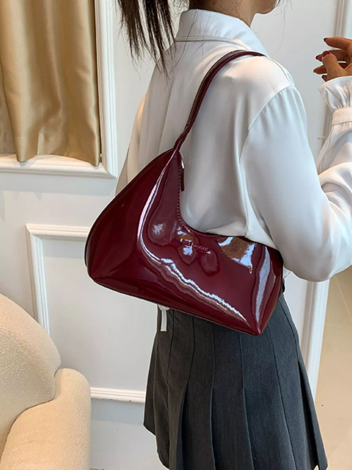 PU Leather Shoulder Bag - Wine Red - View 4