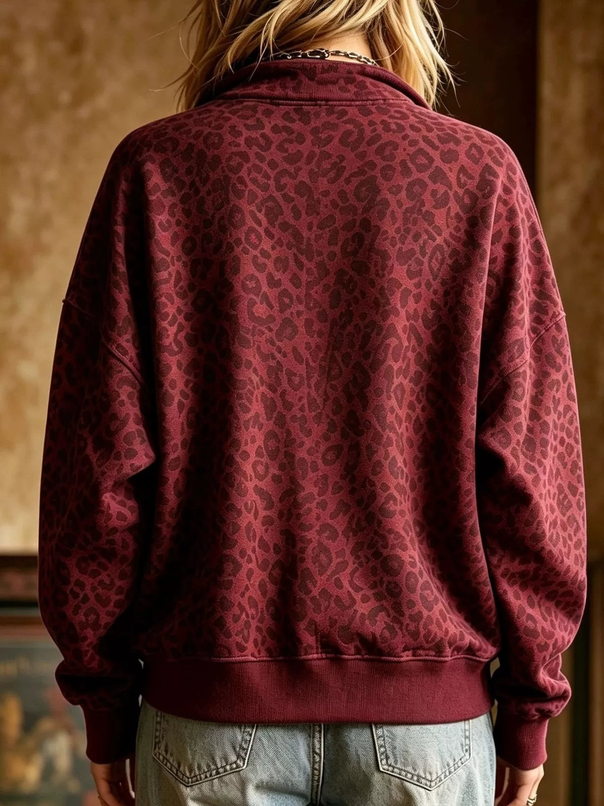 Leopard Half Zip Oversized Sweatshirt - Burgundy - View 6