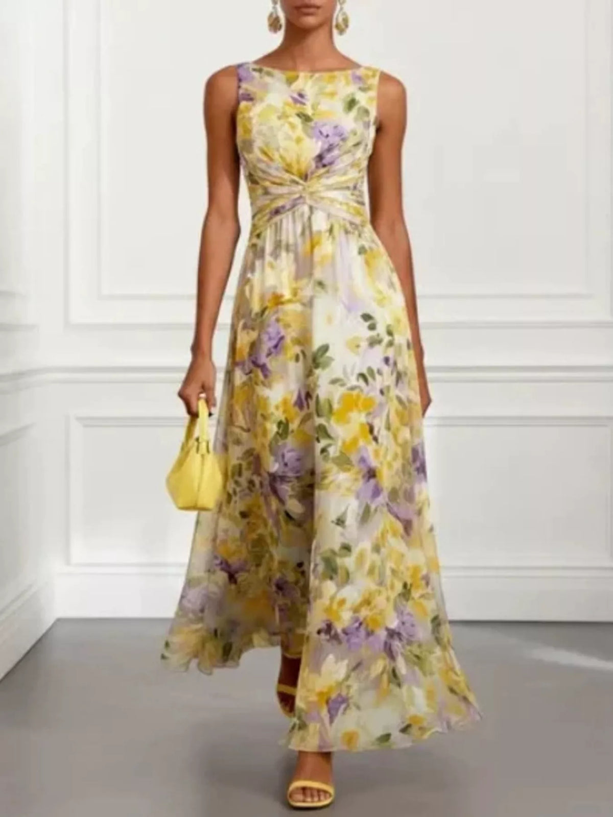Floral Print Sleeveless Twist-Front Maxi Dress - Yellow - View 3