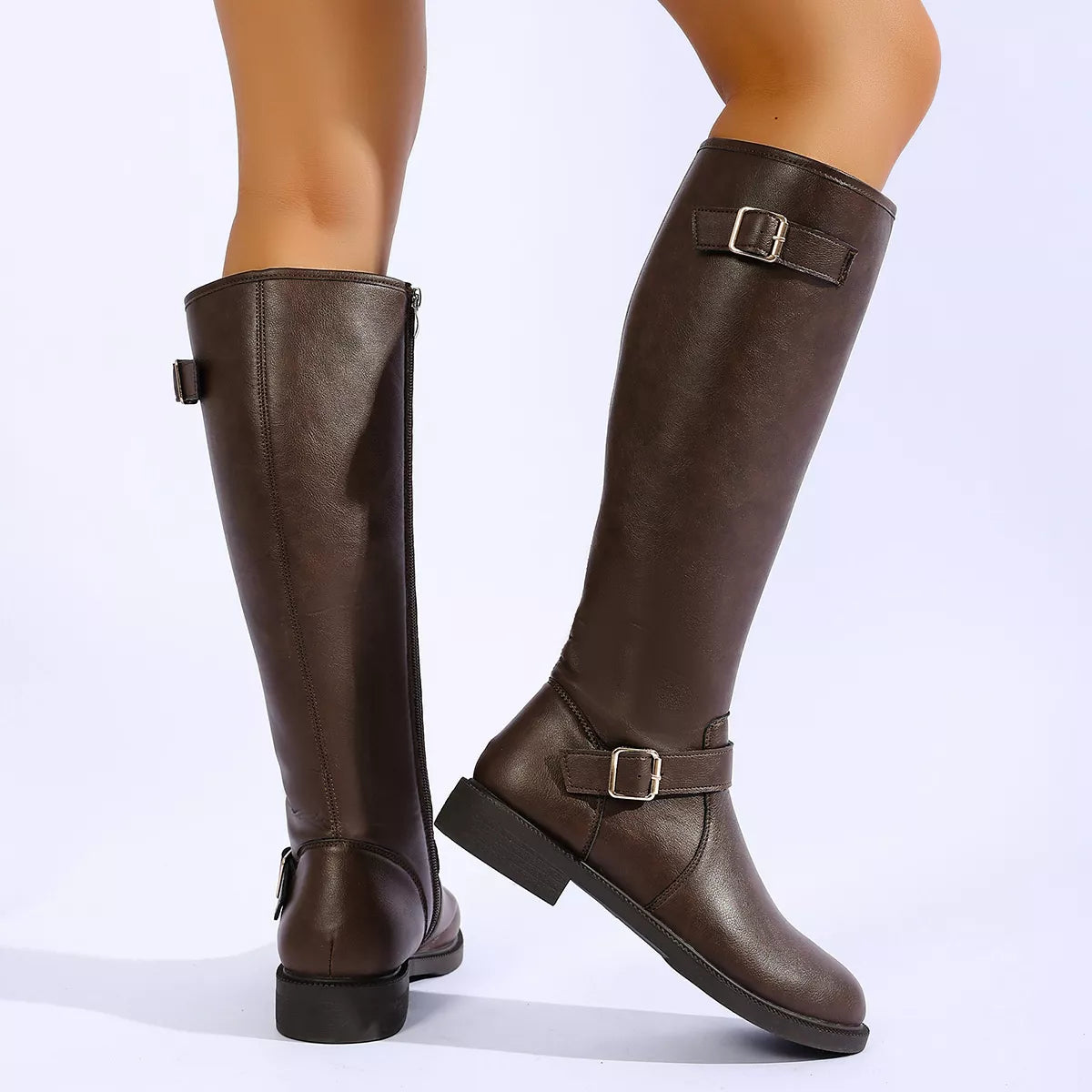 Round Toe Buckle Detail Boots - Brown - View 5