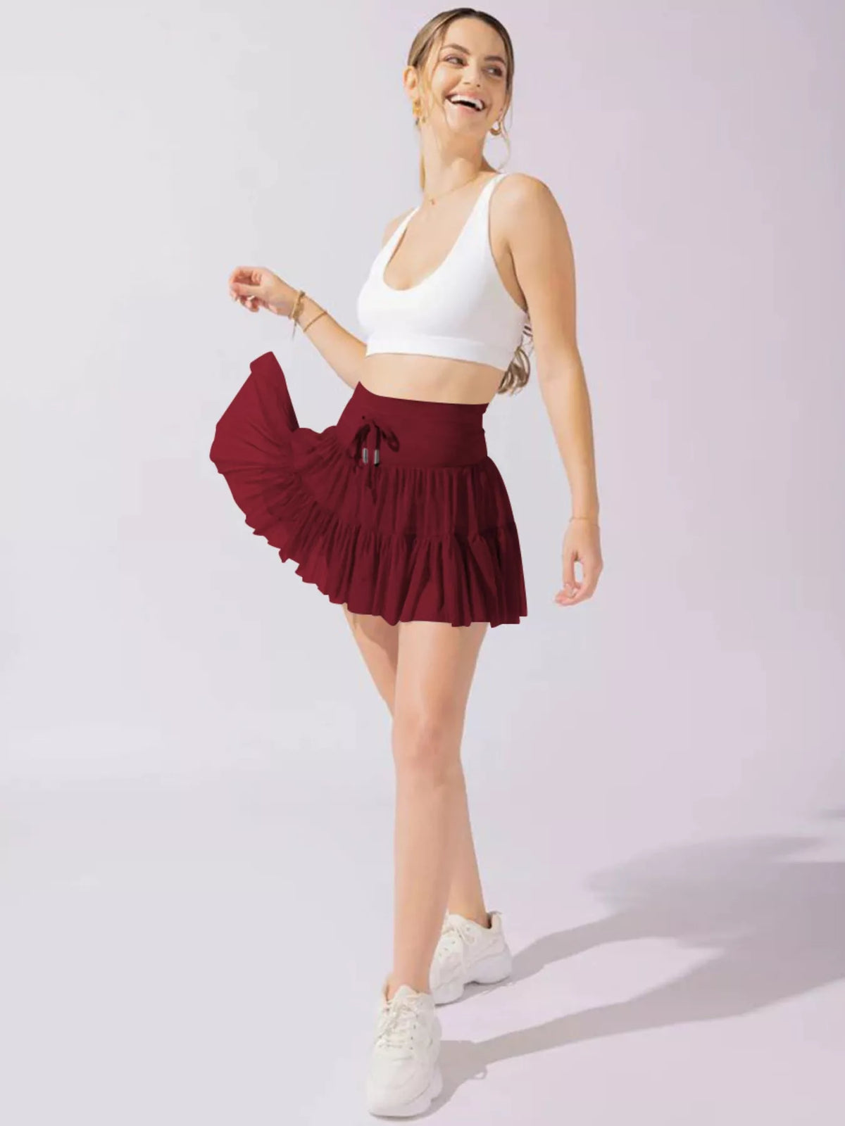 Tiered Skort with Drawstring - Burgundy - View 20