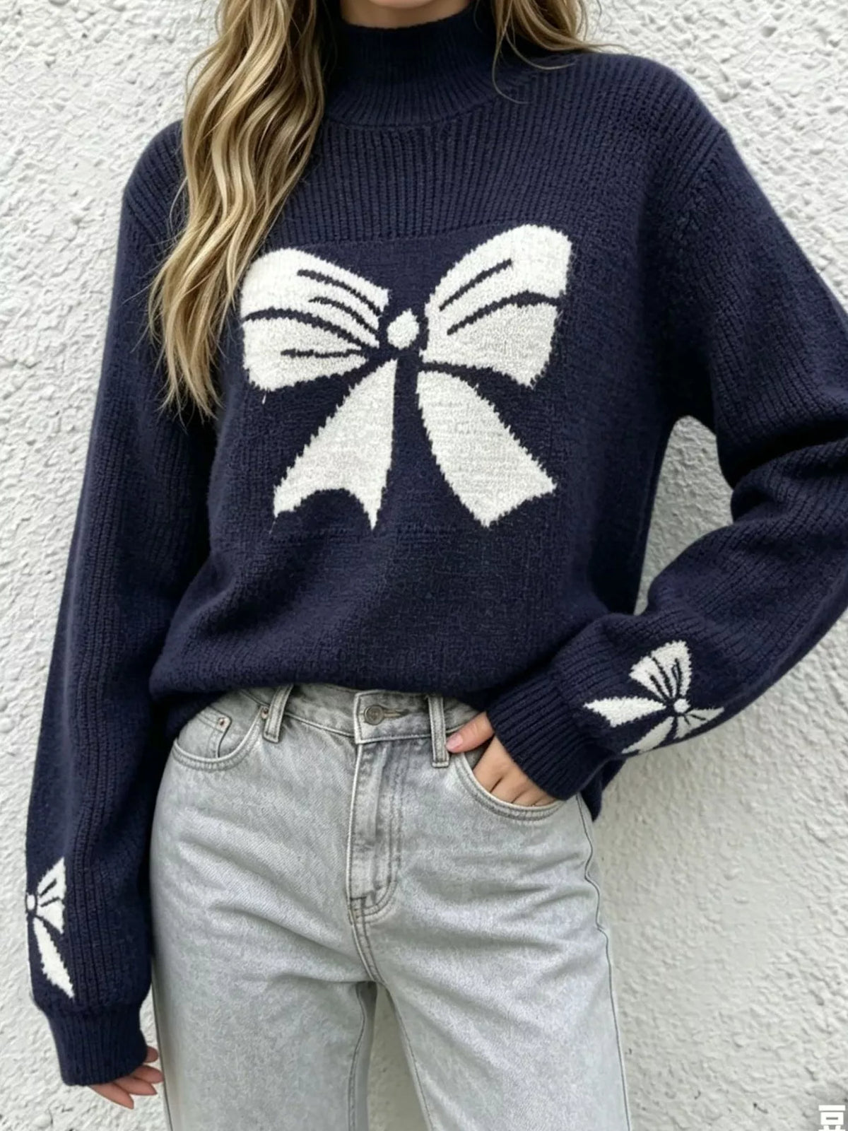 Bowknot Pattern Mock Neck Sweater - Blue - View 5