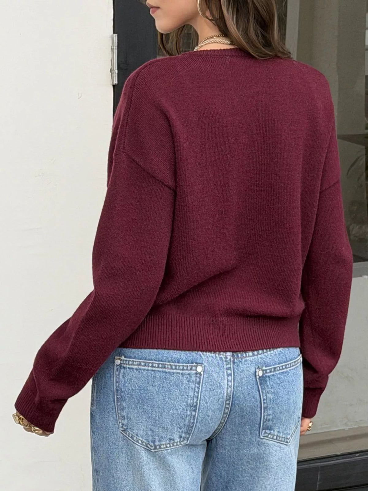 Button-Down Dropped Shoulder Cardigan - Wine Red - View 5