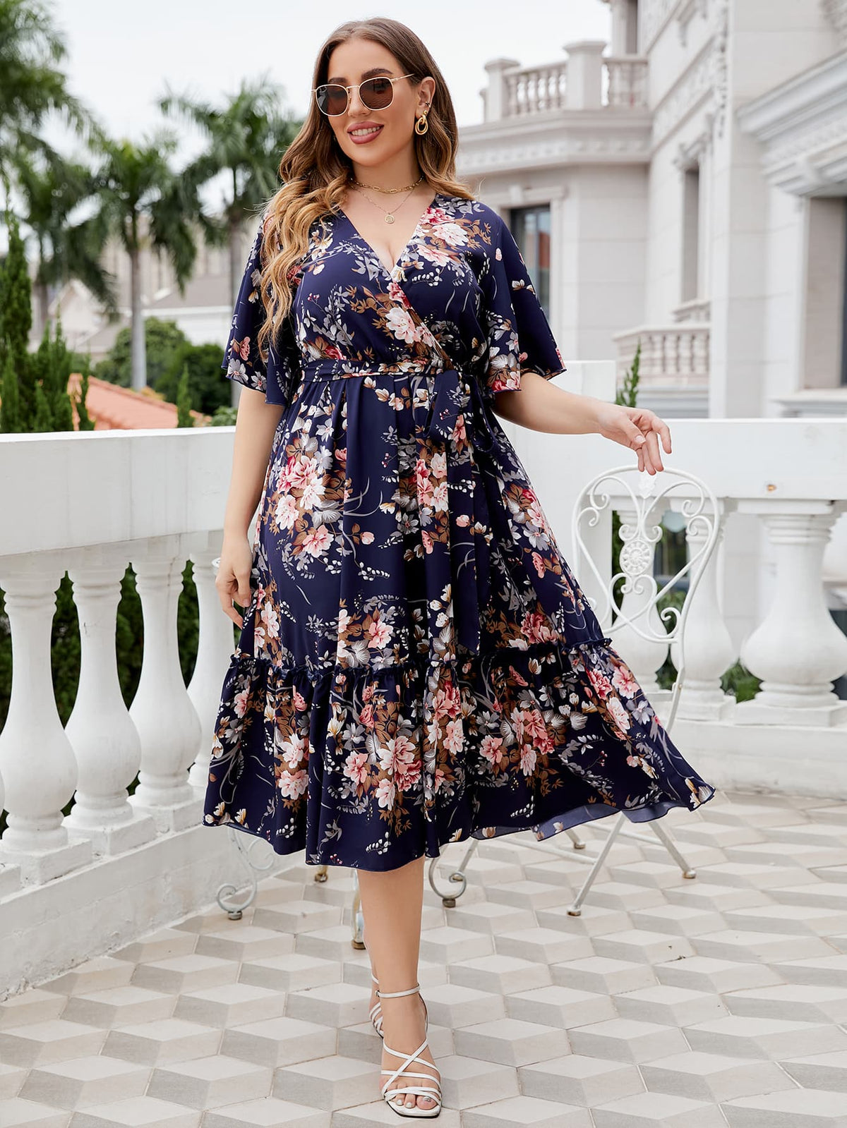 Honey Plus Size Floral Surplice Neck Midi Dress - Floral - View 5