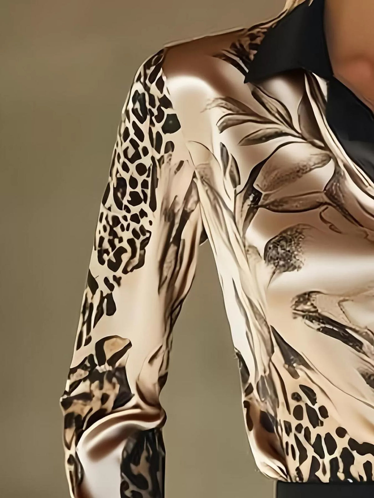 Printed Button Up Satin Shirt - Khaki - View 6