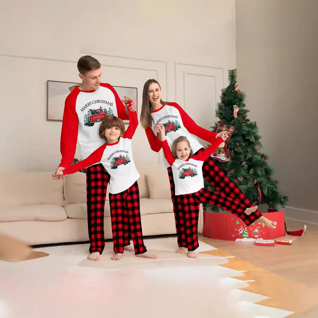Family Matching Outfits Autumn Wear Sleepwear Christmas Tree Car Letter Red Checkered Print Set