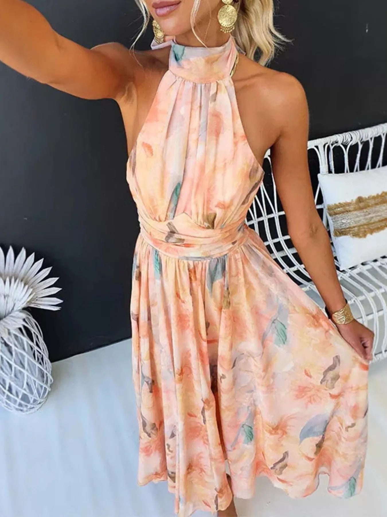 Full Size Halter Neck Floral Print Maxi Dress Plus Size - Sherbet - Front Detail View