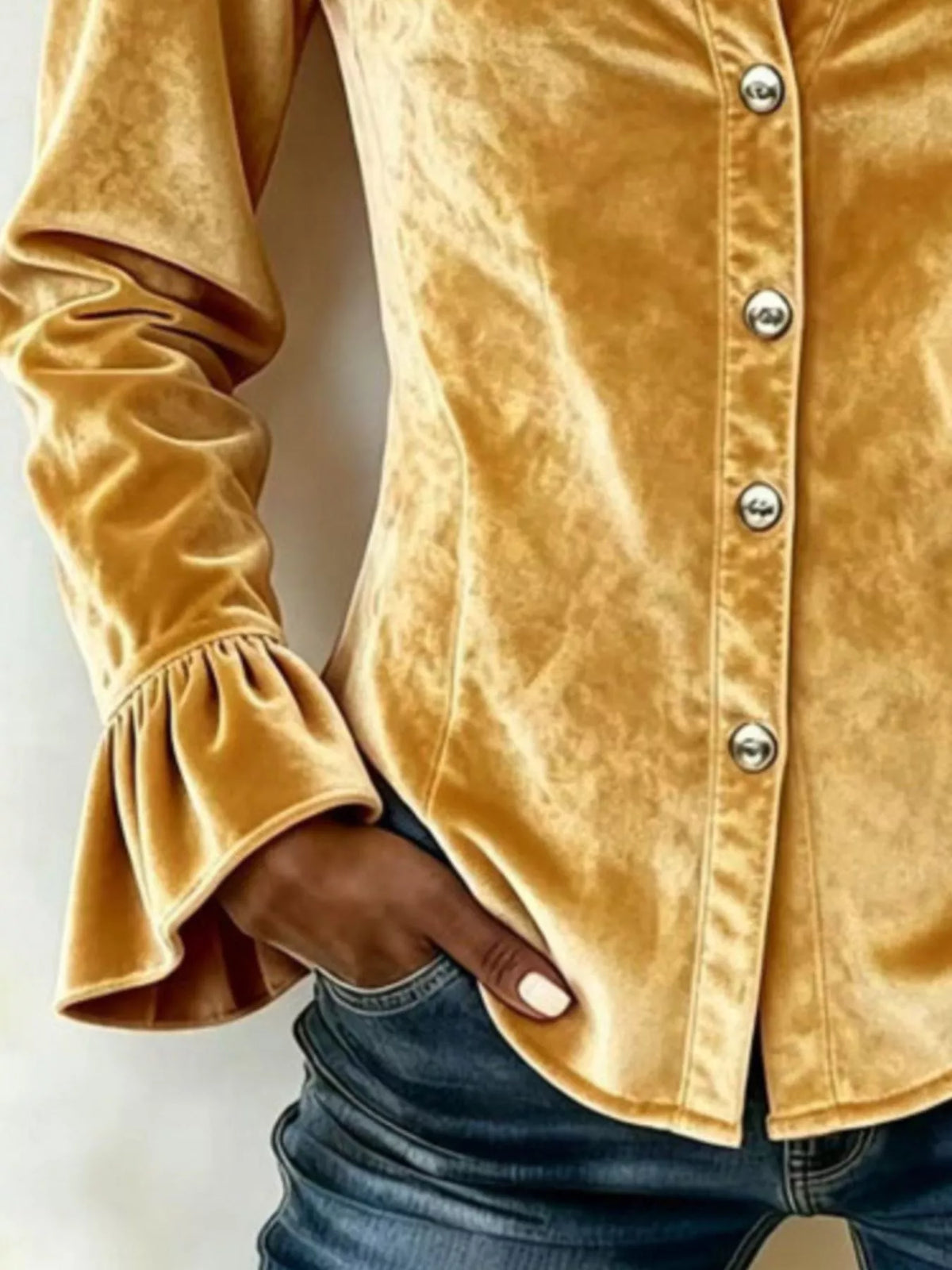Velvet Button-Down Flounce Sleeve Shirt - Gold - View 2