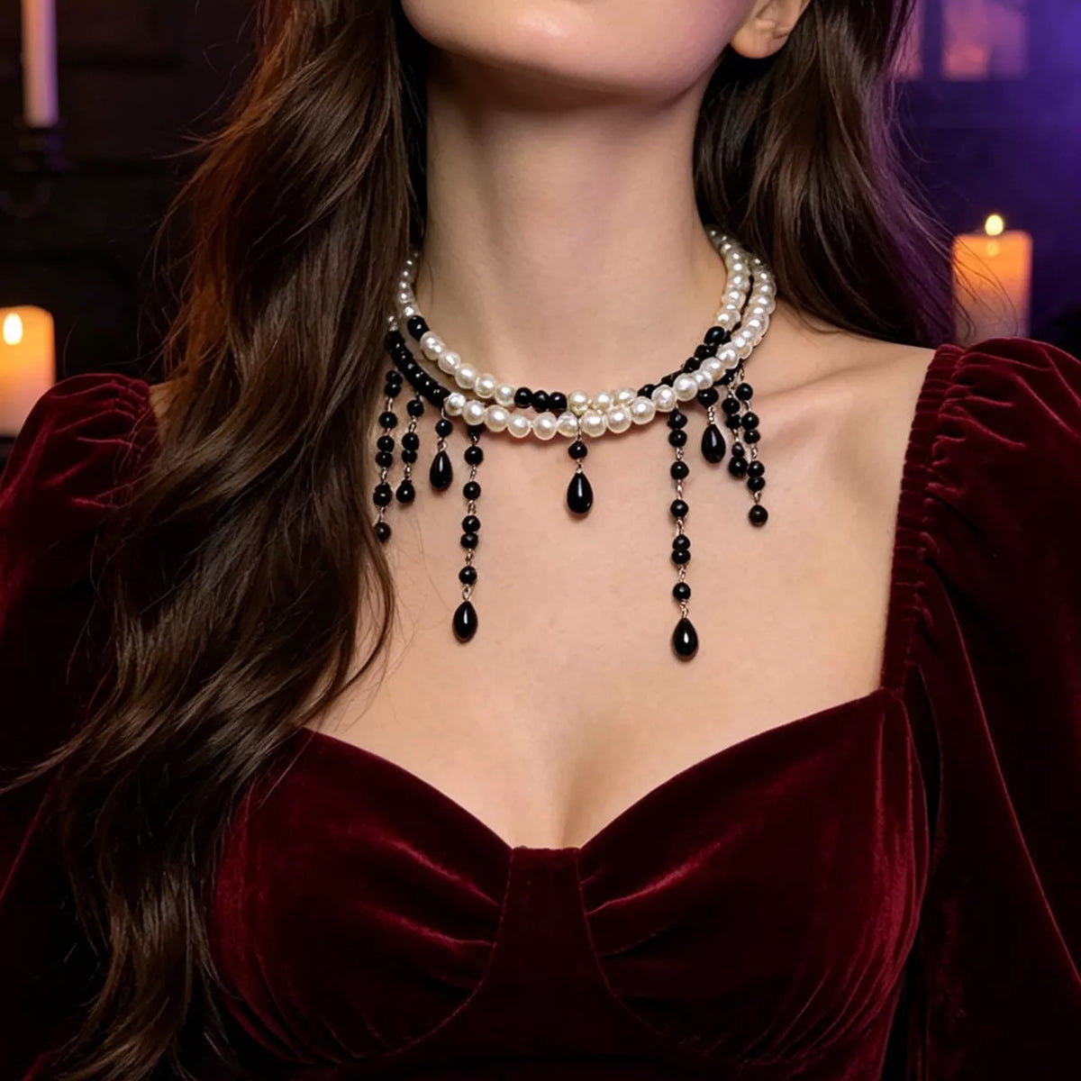 Halloween Pearl Double Layered Choker Necklace - Black - View 3