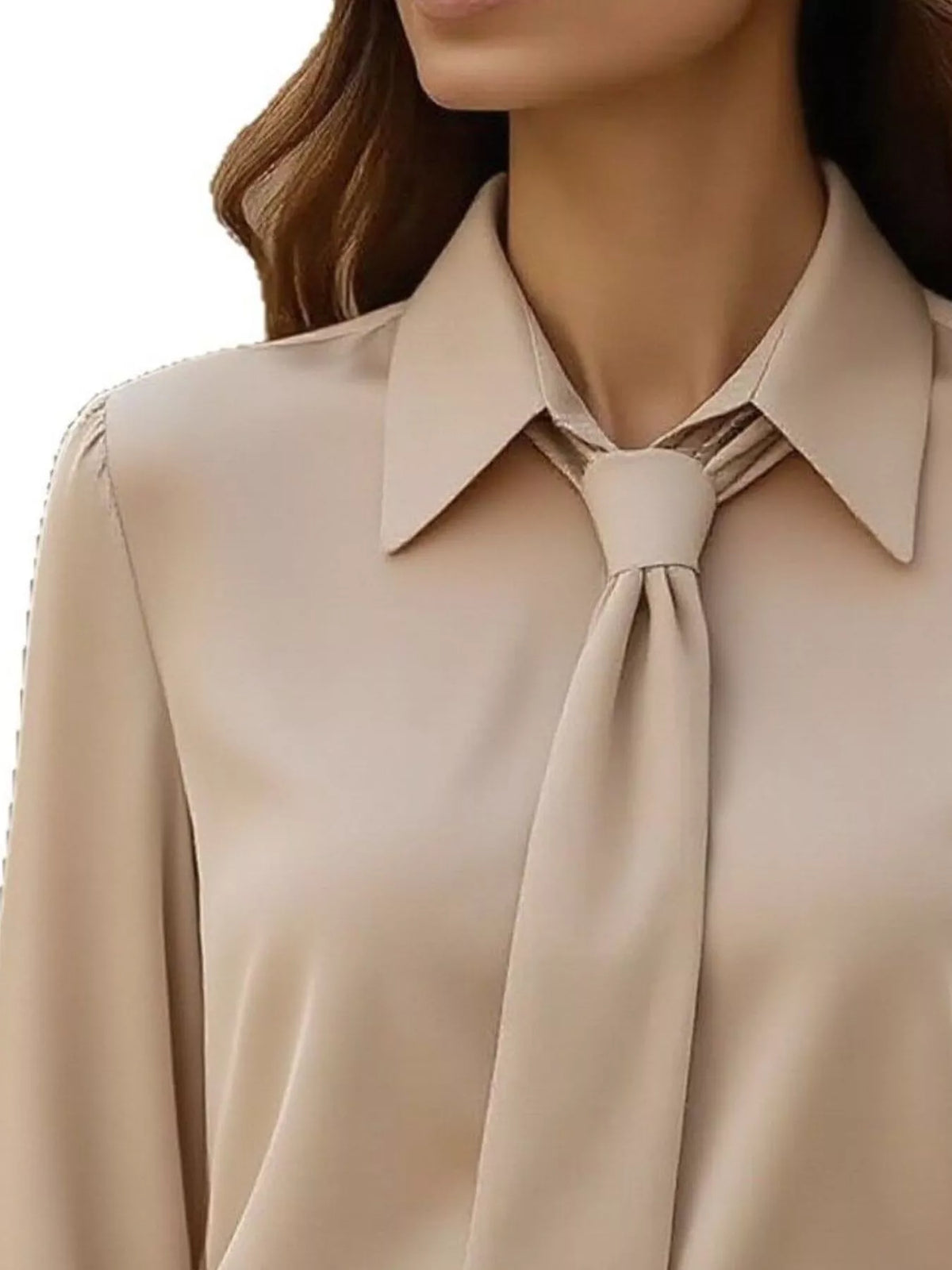 Collared Neck Long Sleeve Blouse - Khaki - View 12