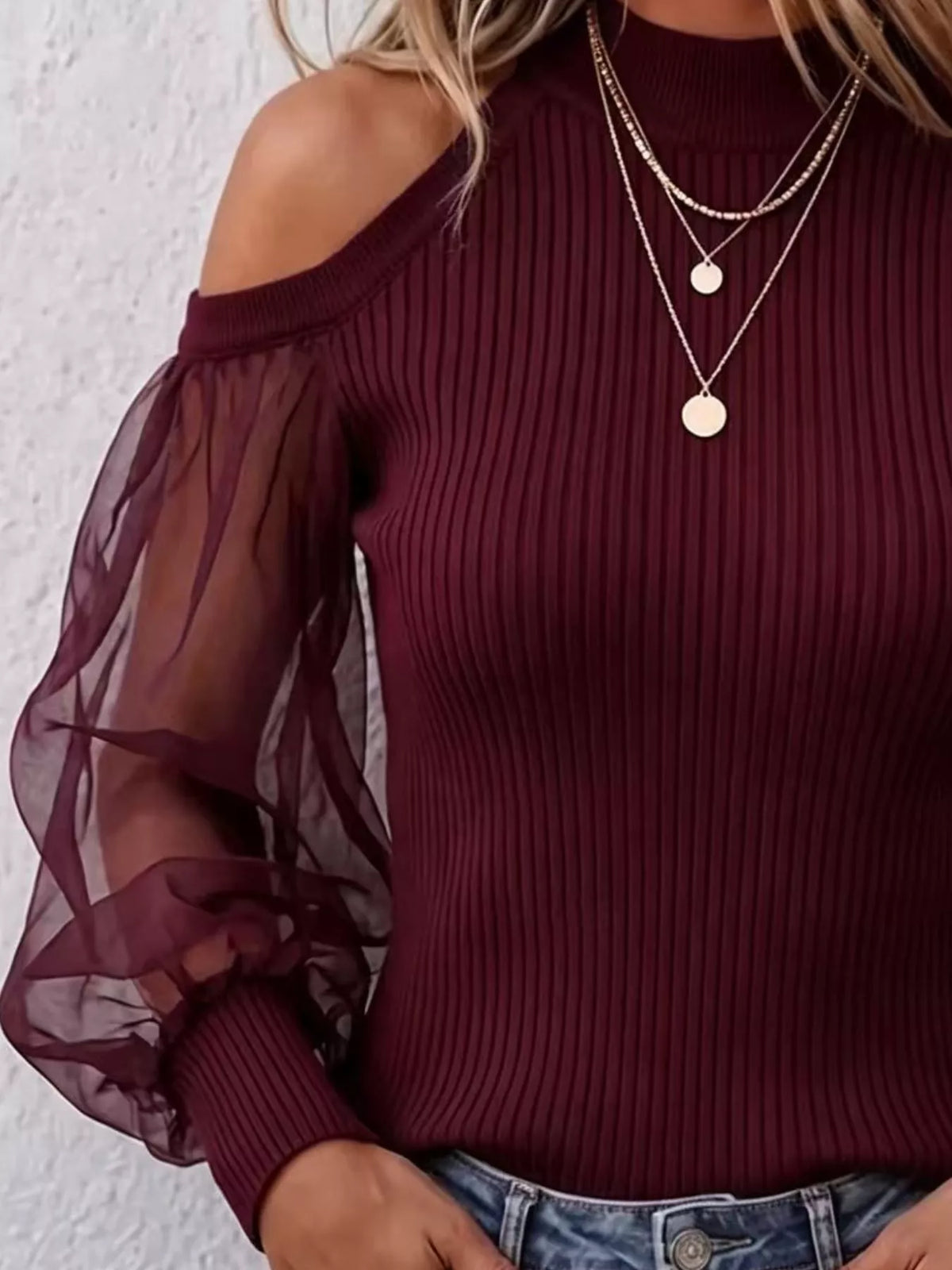 Full Size Cold Shoulder Sheer Mesh Sleeves Top Plus Size - Burgundy - View 2