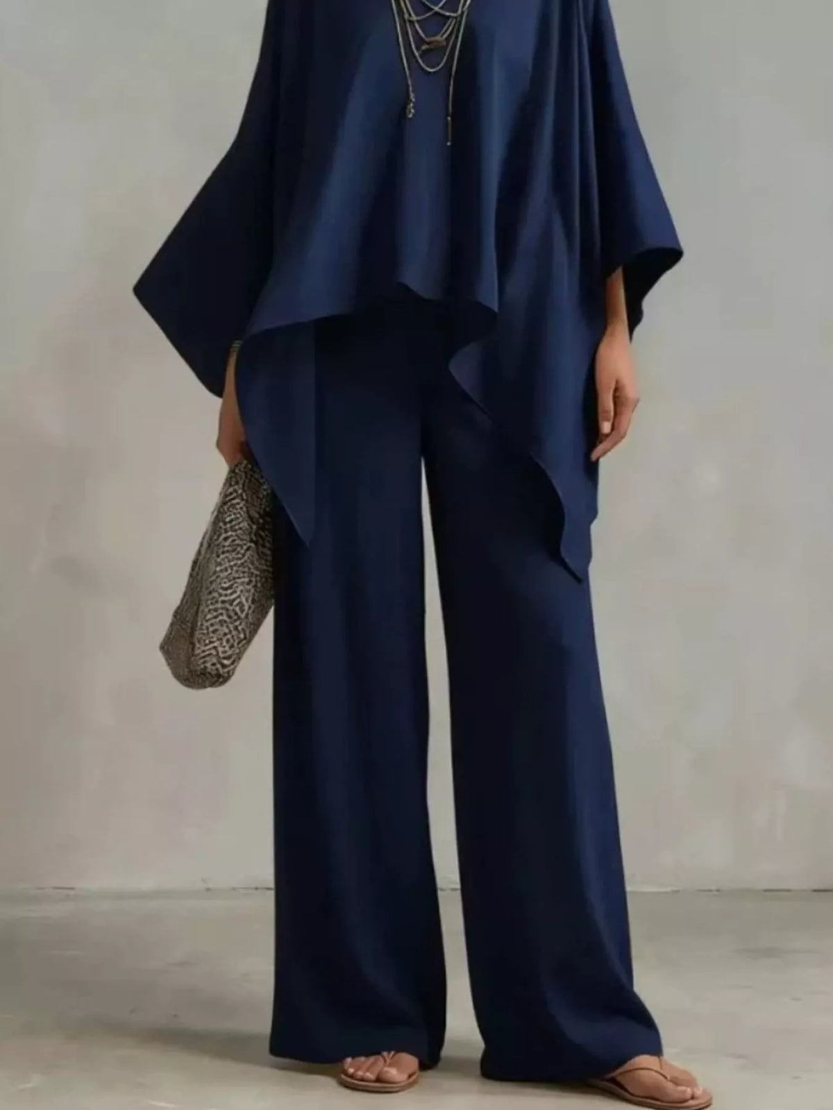 Loose Fit V-Neck Top and Pants Two-Piece Set - Navy - View 3