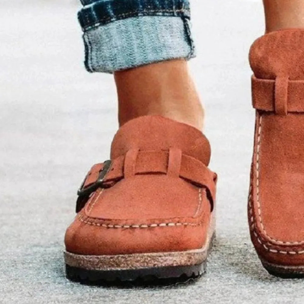 Round Toe Low Heel Buckle Loafers - Caramel - View 13