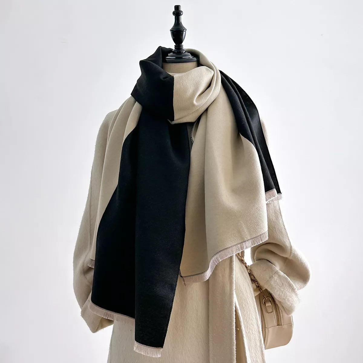 Two-Tone Raw Hem Scarf - Black - View 5