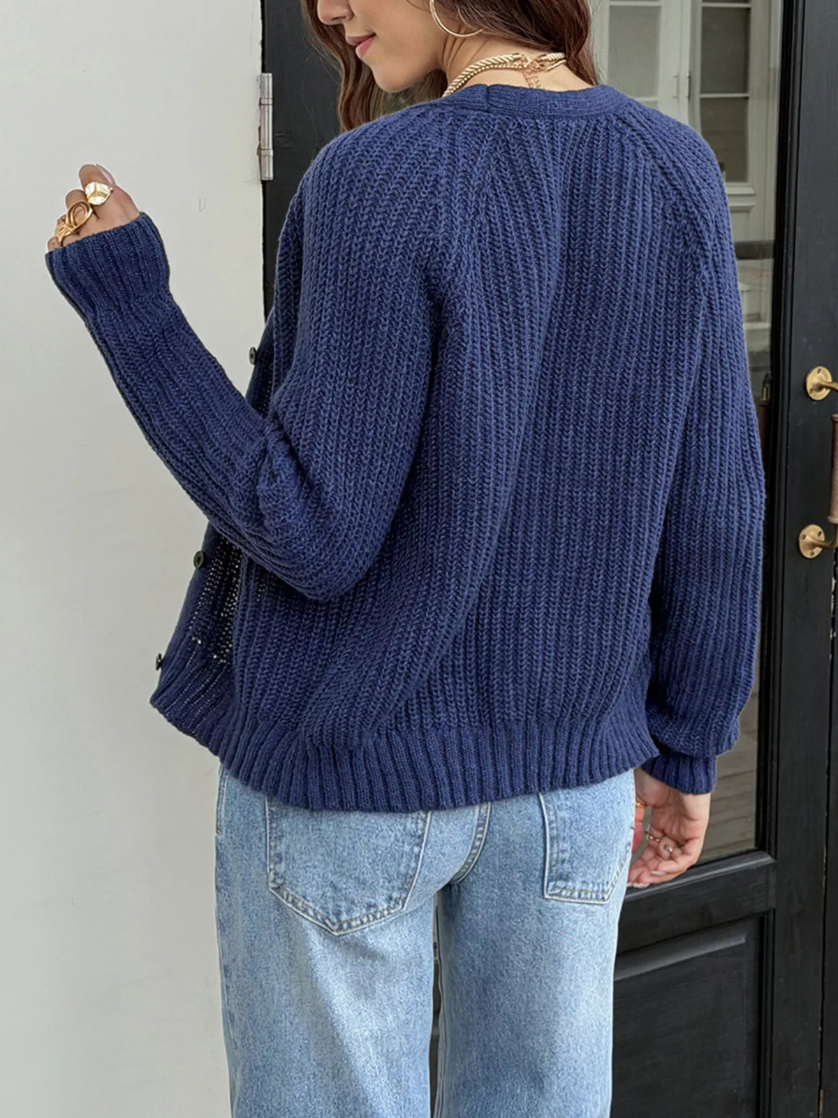 V-Neck Button-Down Cardigan - Dark Blue - View 5