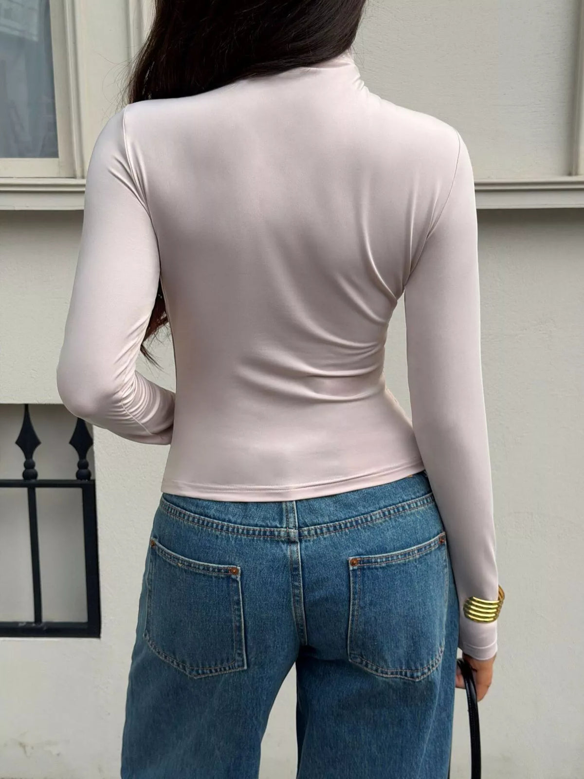 Mock Neck Ruched Slim-Fit Long Sleeve T-Shirt - Skin Tone - View 5