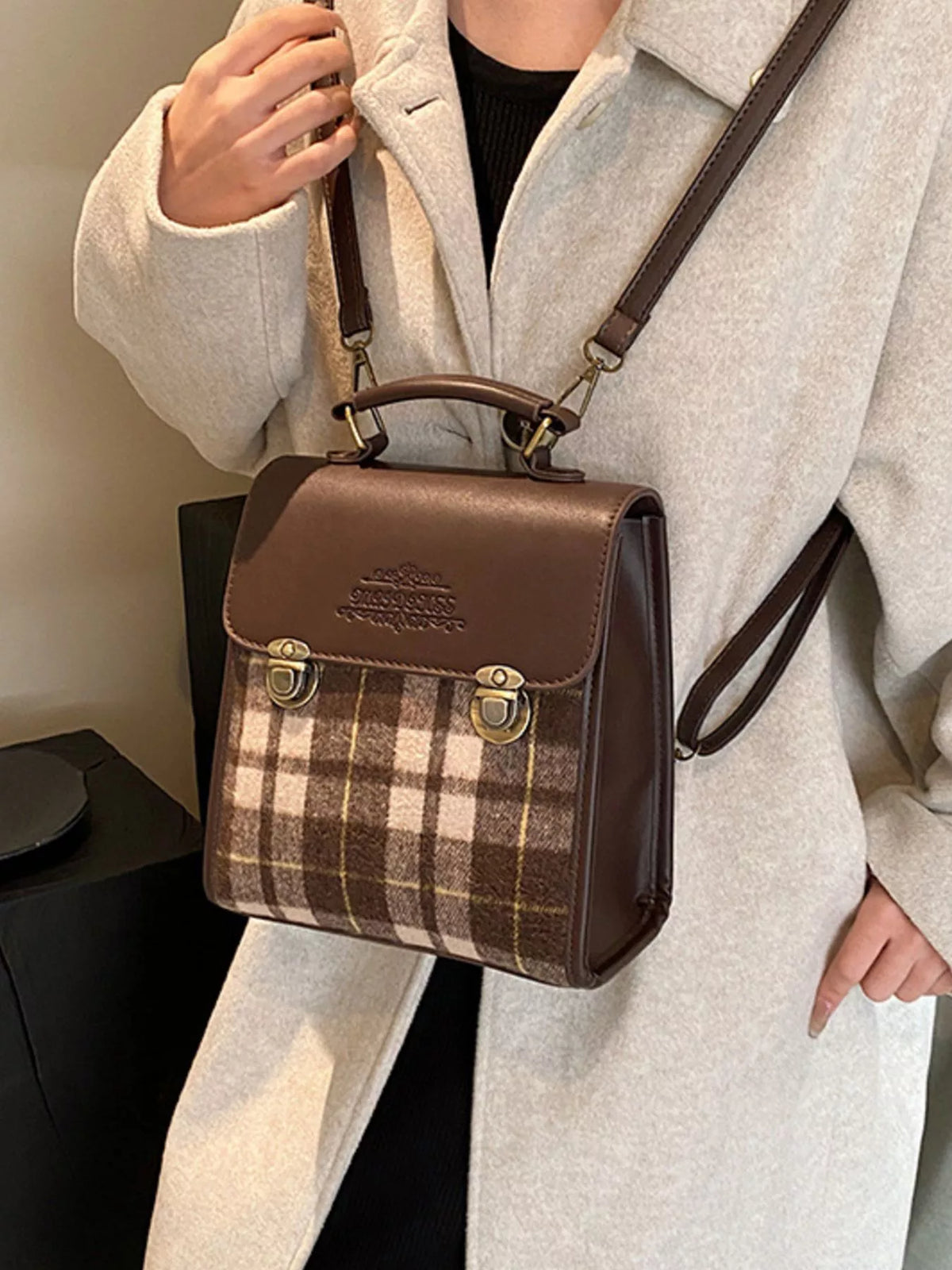 Vintage Plaid Flap Backpack Bag - Brown - View 6