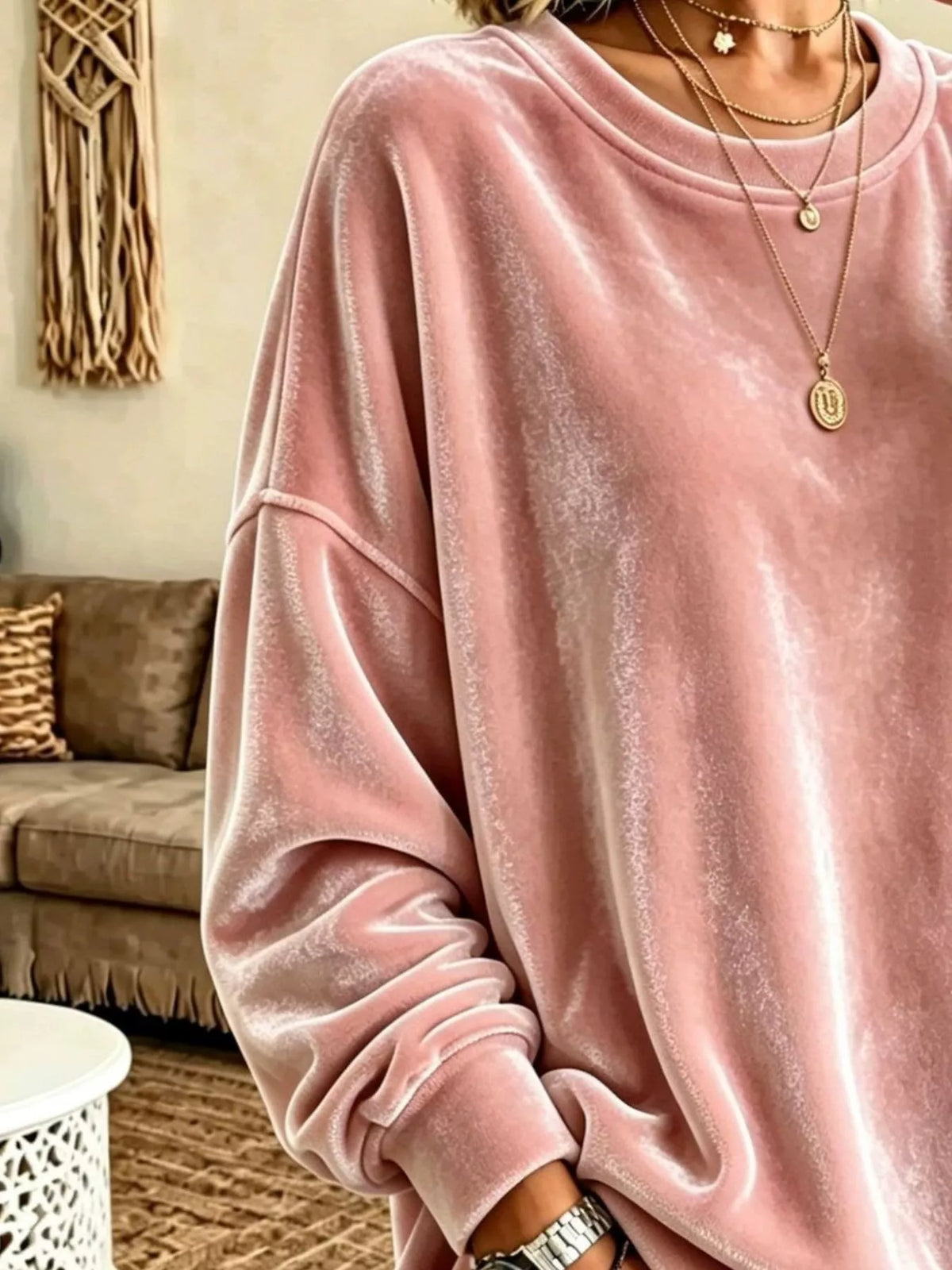 Full Size Solid Color Crew Neck Sweatshirt Plus Size - Pink - View 18