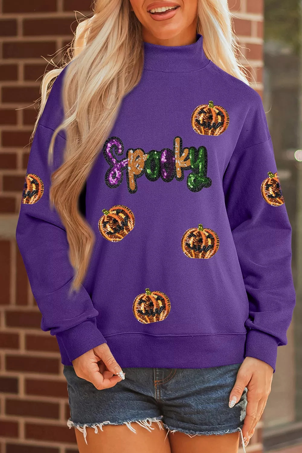 Sequin Pumpkin Spooky Halloween Sweatshirt - Violet - View 4