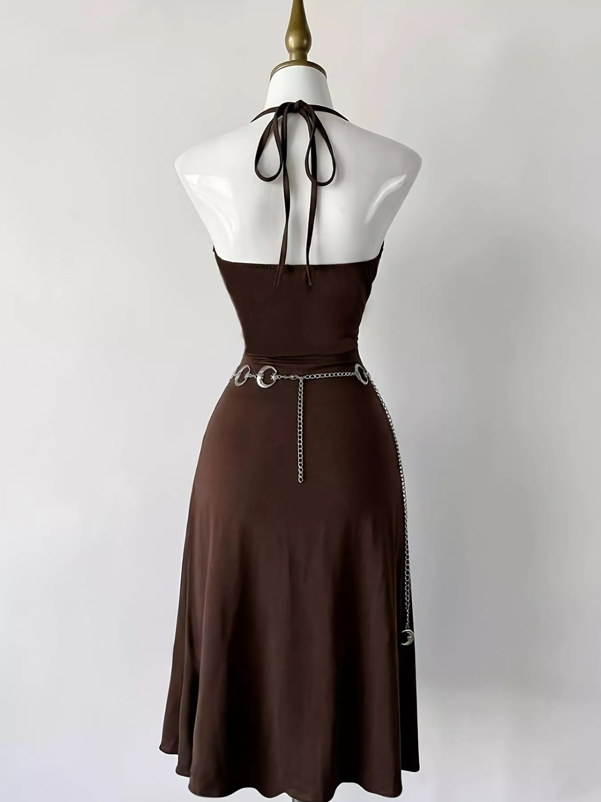 Slit Halter Neck Sun-Embroidered Dress - Dark Brown - View 2