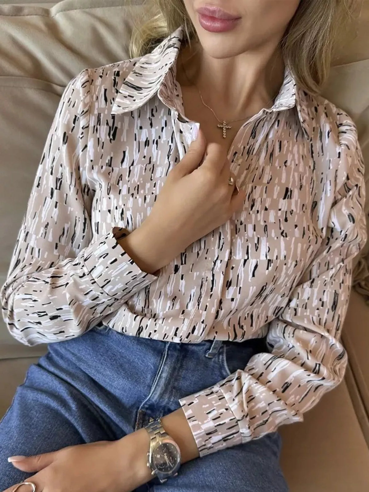 Button Up Long-Sleeve Shirt - Apricot-Square Print - View 113