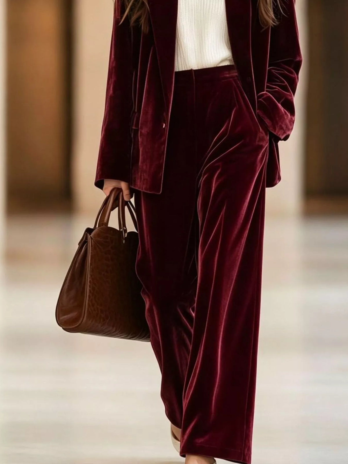Velvet Blazer and Wide-Leg Pants Two-Piece Set - Burgundy - View 3