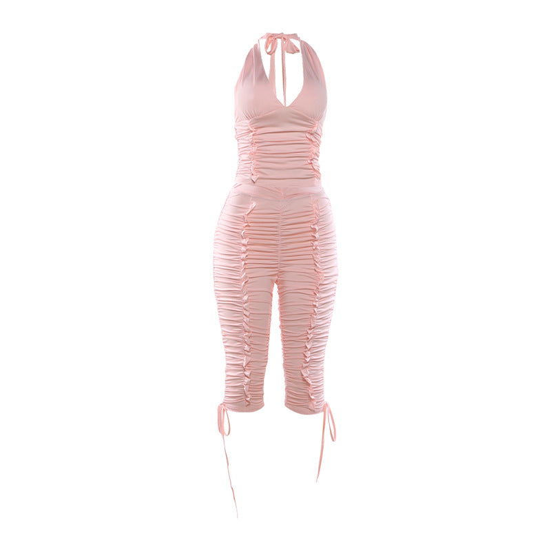 Autumn/Winter new women's sexy deep V-neck halter top with ruched tie, 7/8 pants two-piece set