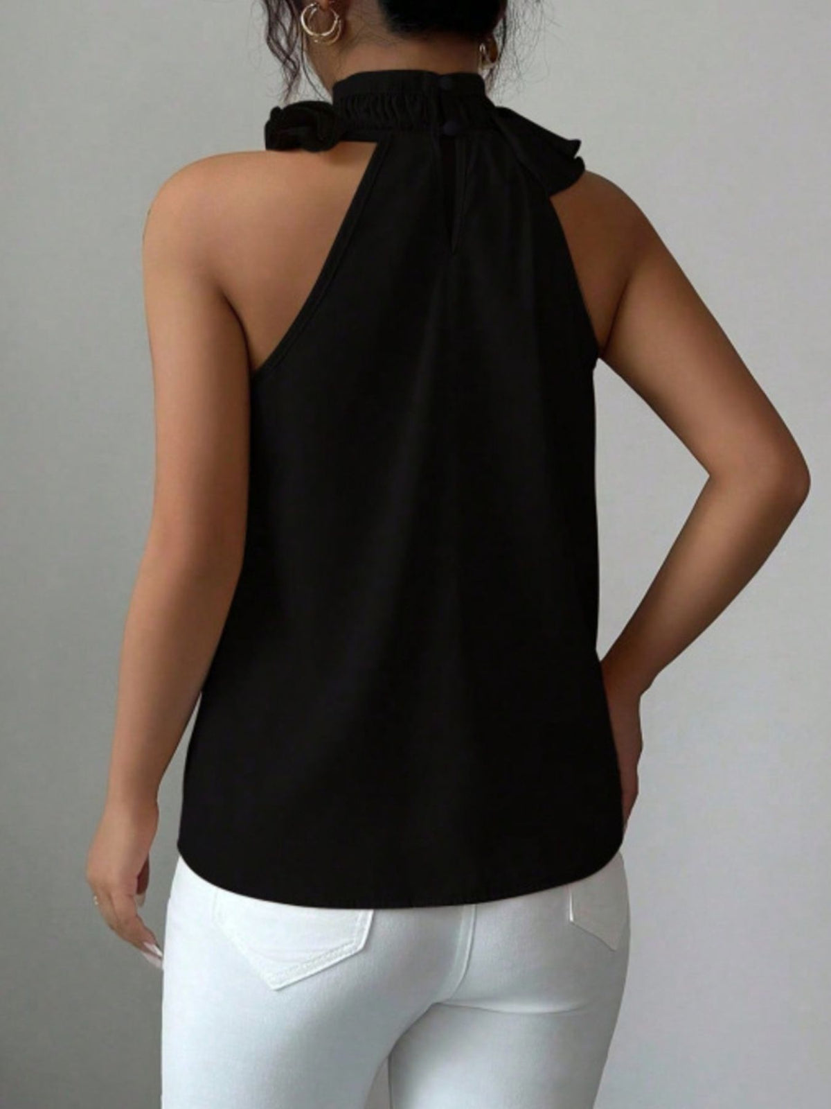 Ruffle High Neck Sleeveless Top - Black - View 25