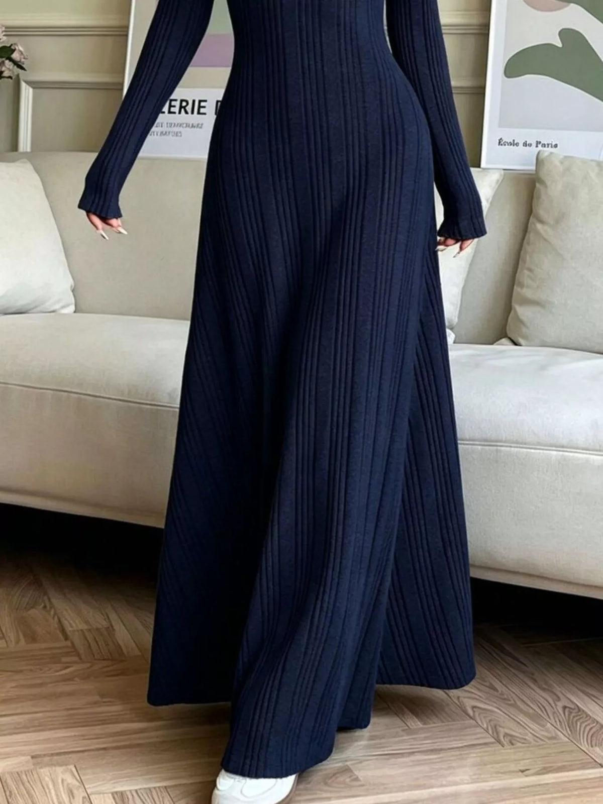 Long Sleeve Ribbed Knit Dress - Dark Navy - View 3