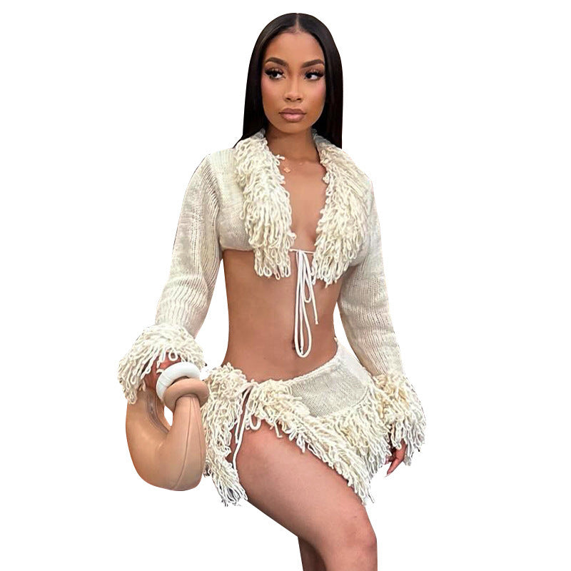 French Knit Tie-Up Cardigan Long Sleeve Top amp Fashion Sexy Mini Skirt Set