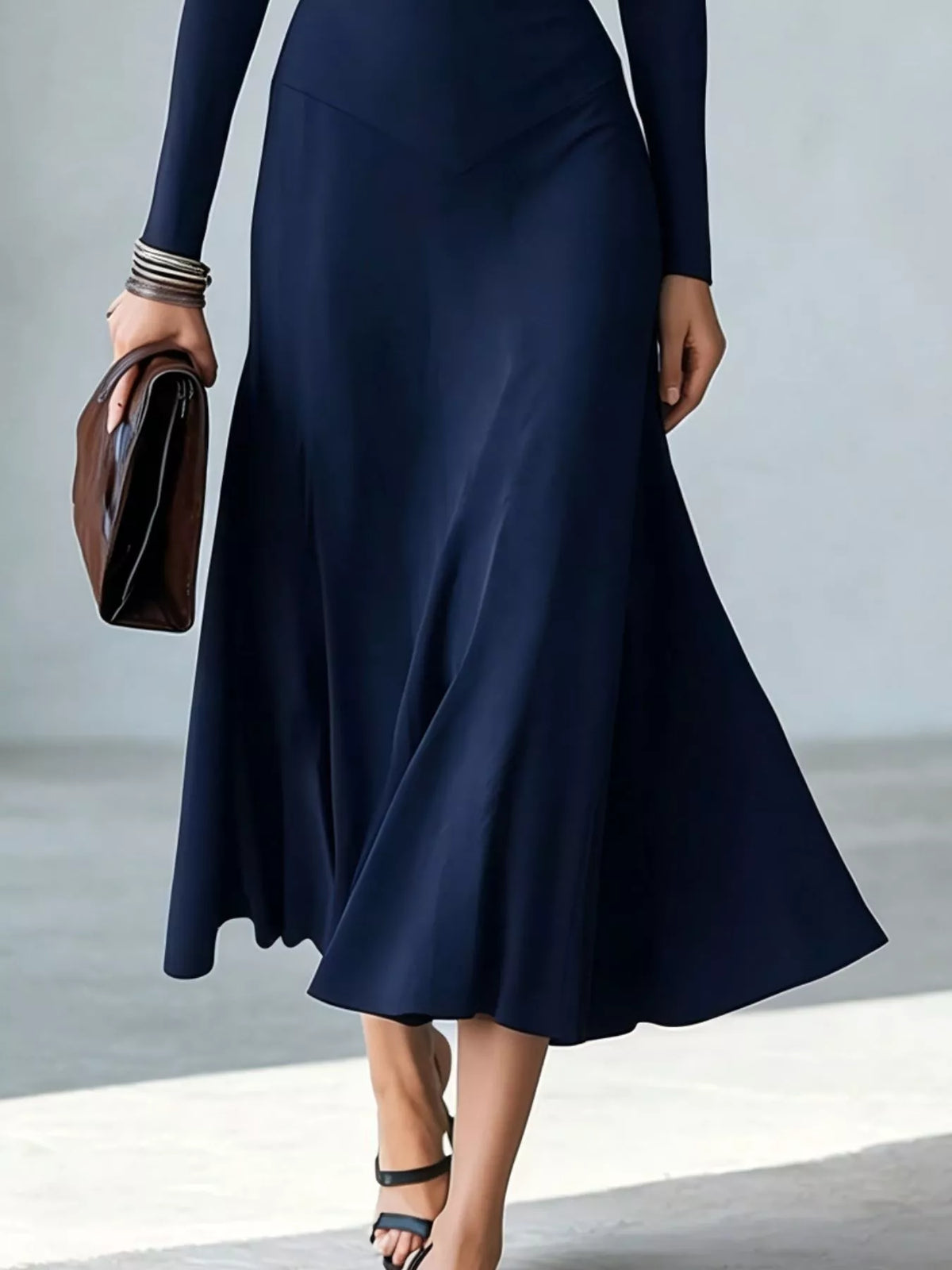 Full Size Mock Neck Cut-Out Long Sleeve Midi Dress Plus Size - Navy - View 3