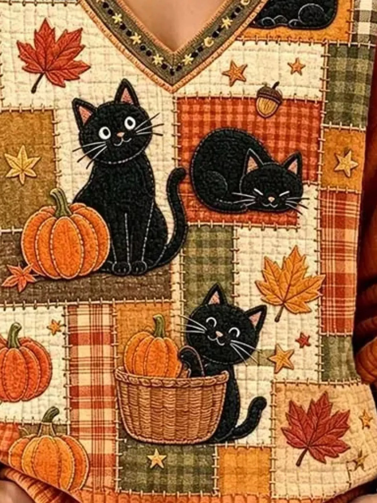 Full Size Cat and Pumpkin V-Neck Sweater Plus Size - Orange - View 3