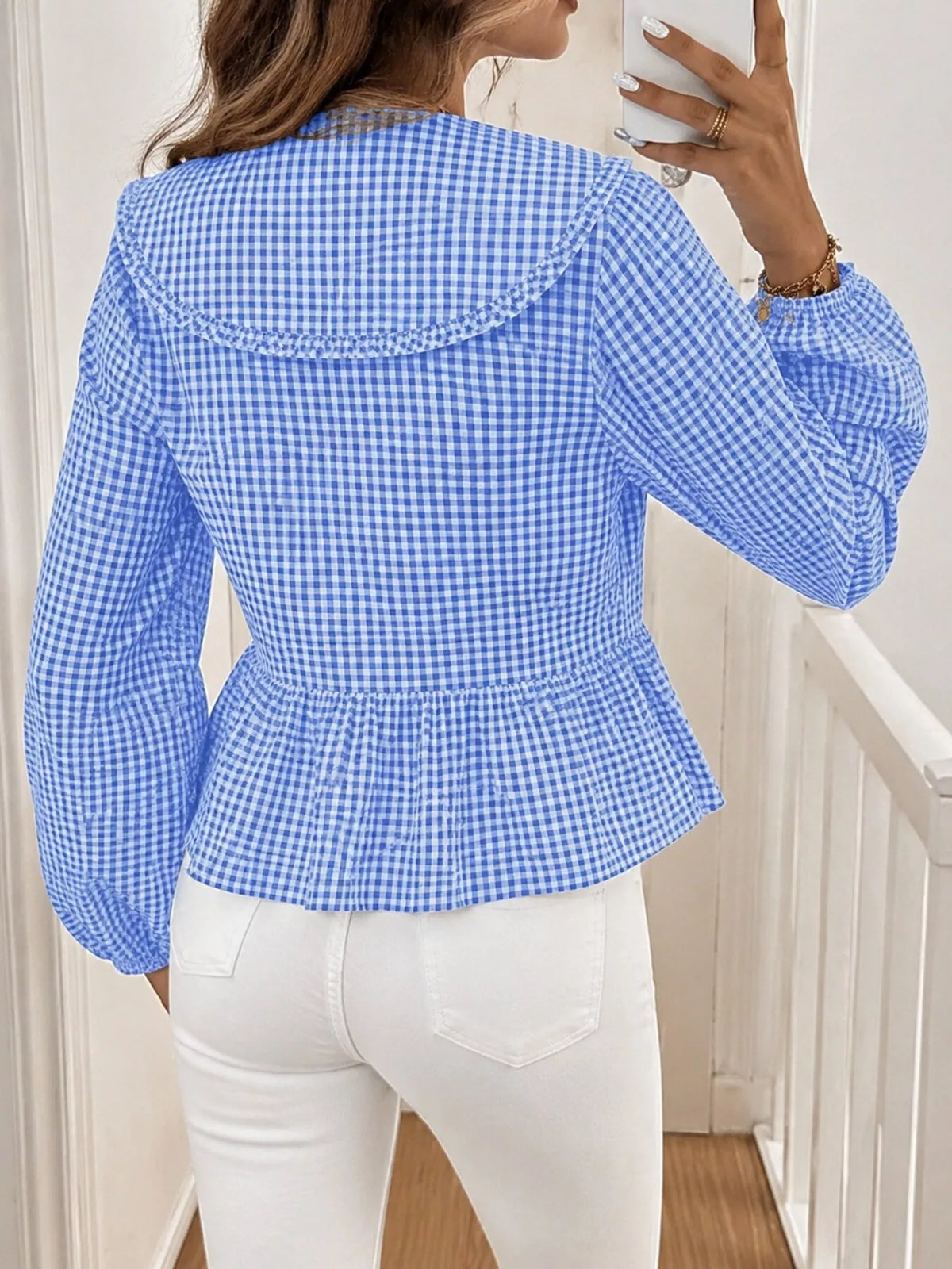 Gingham Tie-Front Peplum Blouse - Blue - View 3