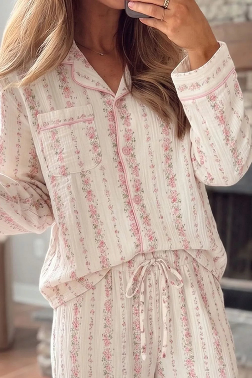 Floral Print Button-Down Top and Pants Loungewear Set - Blush Pink - View 3