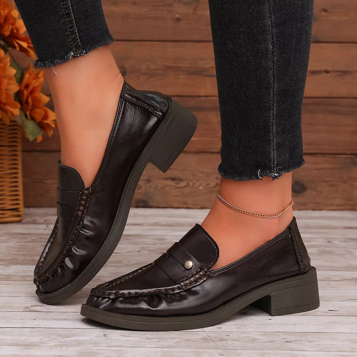 Round Toe Block Heels Loafers - Brown - View 6