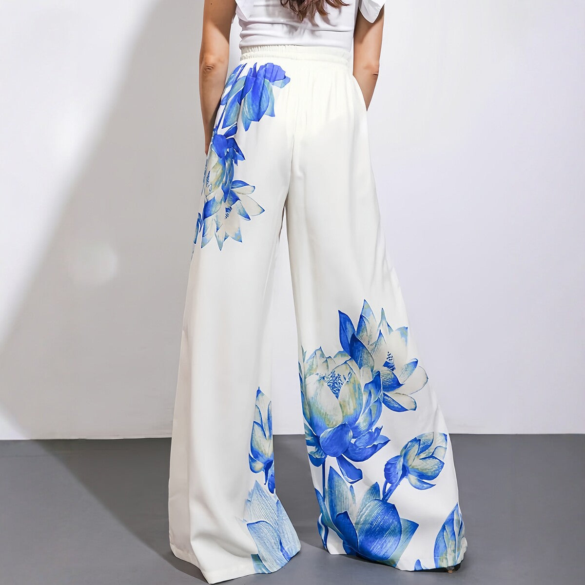 Summer Printed Wide-Leg Pants Set for Women, Casual Fashion Two-Piece Set, Blue Floral Tie-Up Shirt