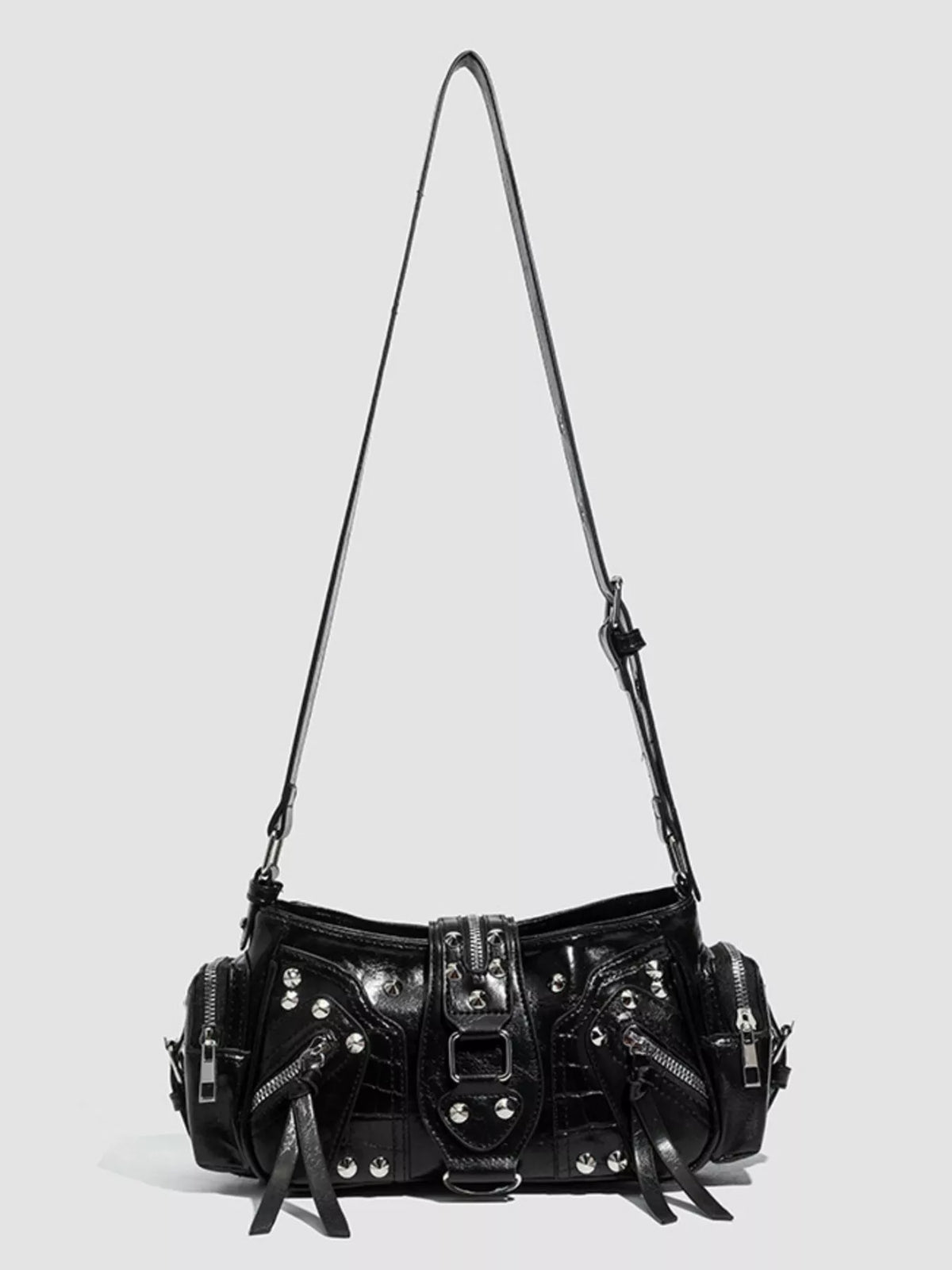 Rivet Embellished Shoulder Bag - Black - View 8