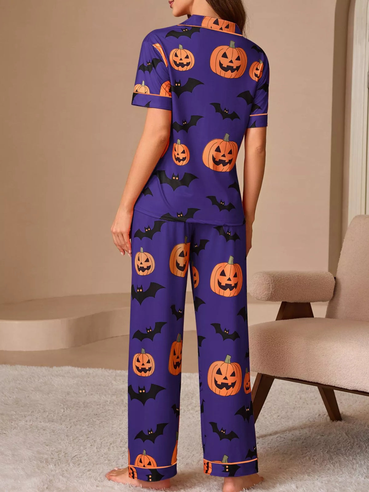 Halloween Pumpkin and Bat Print Button-Down Top and Pants Lounge Set - Purple - View 4