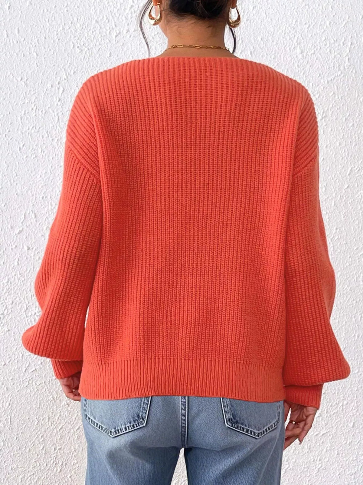 Bow-Tie Sleeve V-Neck Sweater - Orange - View 5